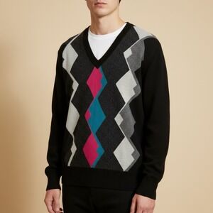King Warrior Pure Cashmere V-Neck‎ Sweater Black Geometric Intarsia L Smart Wear